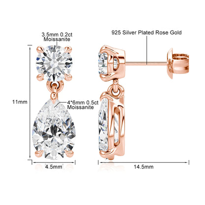 18K Gold Plated Two-Stone Moissanite Earrings Round & Pear Cut