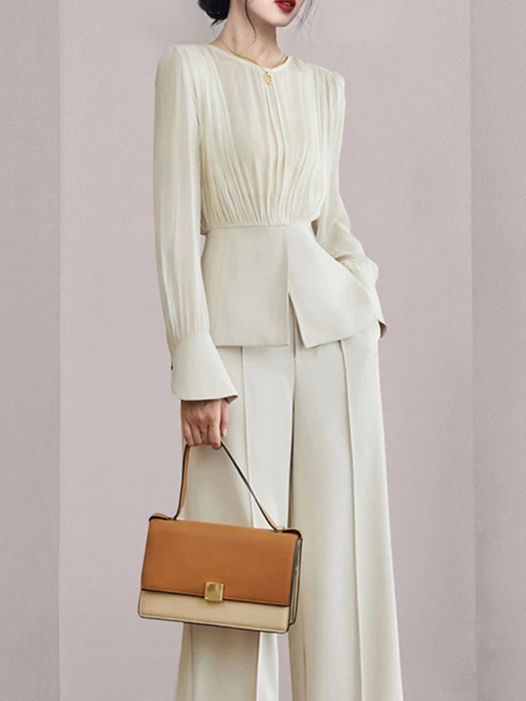 Long Sleeve Top with Wide Leg Trousers Semi-Formal Ivory Suit