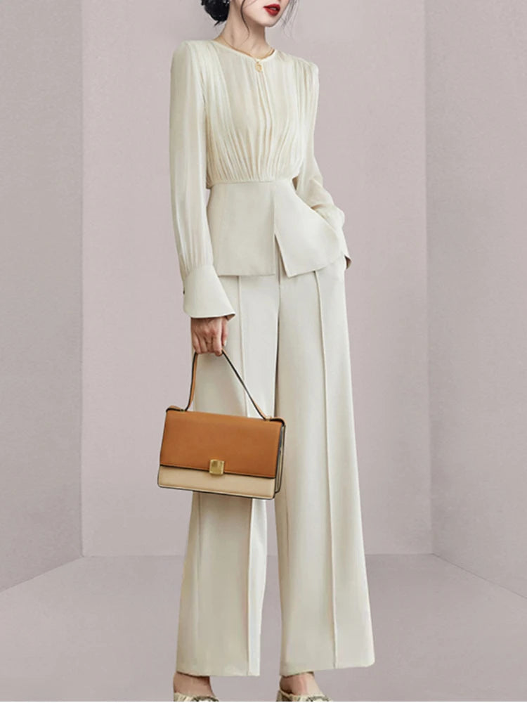 Long Sleeve Top with Wide Leg Trousers Semi-Formal Ivory Suit