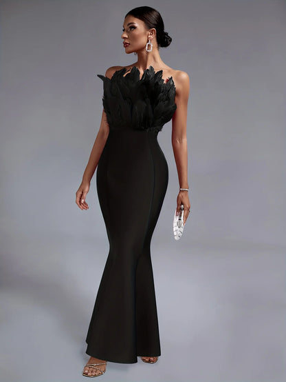 Strapless Feather Chest Mermaid Long Bandage Black Dress