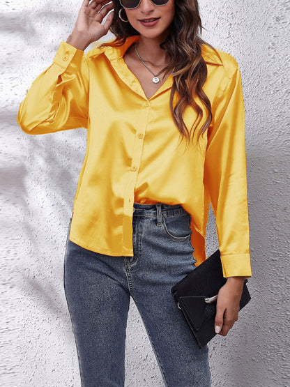 Loose Fit Satin Long Sleeve Button Up Blouse Shirt