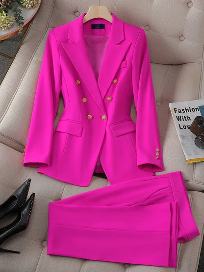 Gold Button Decoration Formal Blazer and Trouser Suit