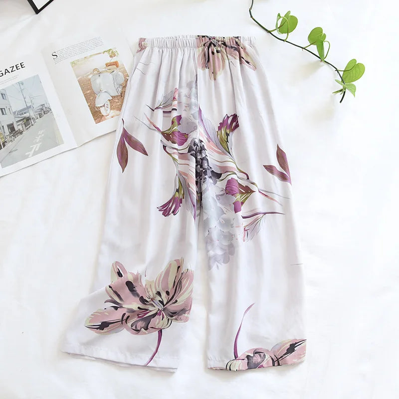 Floral Wide Leg Pajama Bottoms Women's Casual Palazzo Culottes