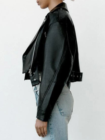 Black Cropped Leather Jacket With Belt