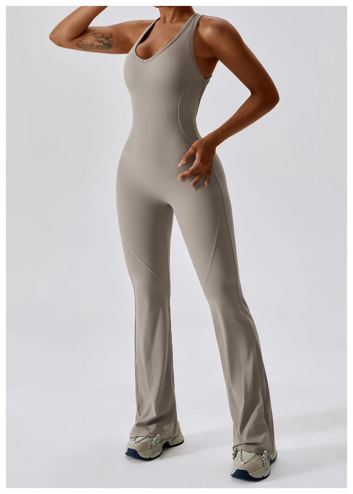 V Neckline Back Cut Out Flare Workout Jumpsuit