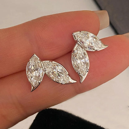 Double Leaf Design Moissanite Stud Earrings - 4 Carat Marquise Cut Earrings