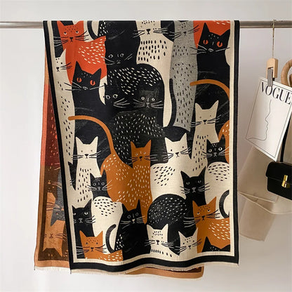 Cats Print Cashmere Double-Sided Pashmina Scarf - Cat Lovers Scarf Gift