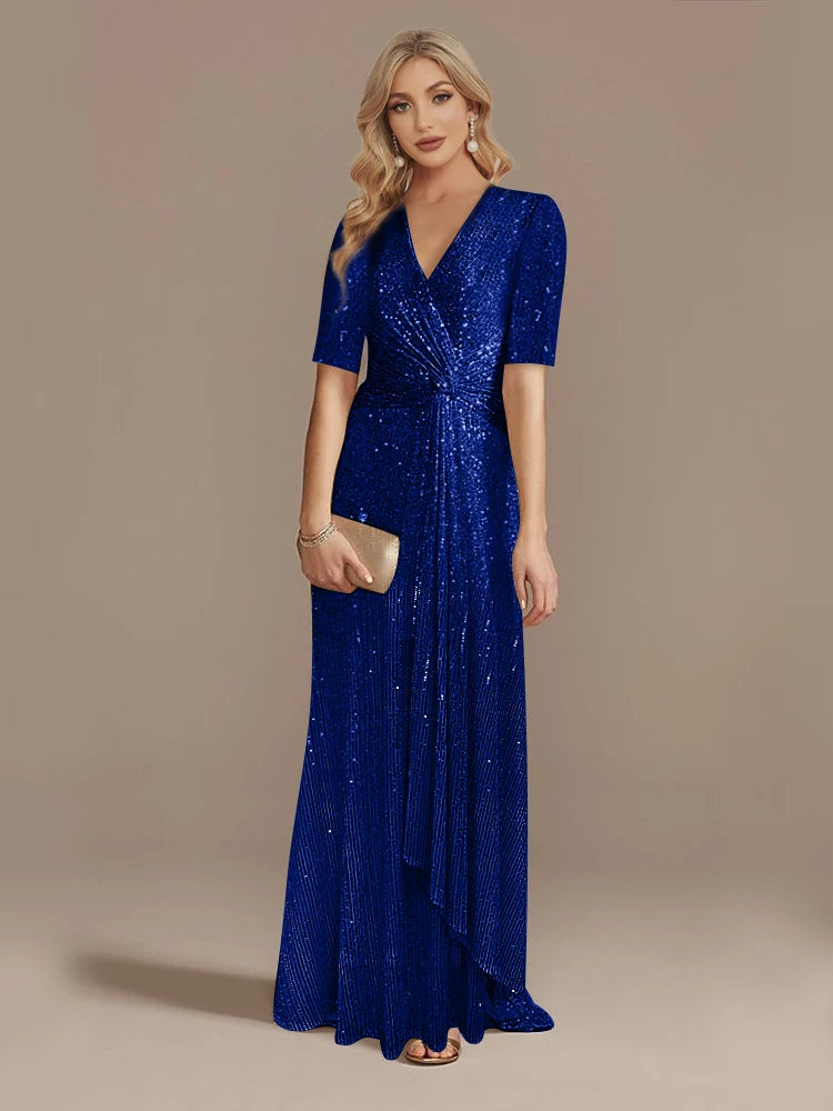 Short Sleeve V-Neckline Floor Length Evening Dress - Sequin Mother of the Bride Dress