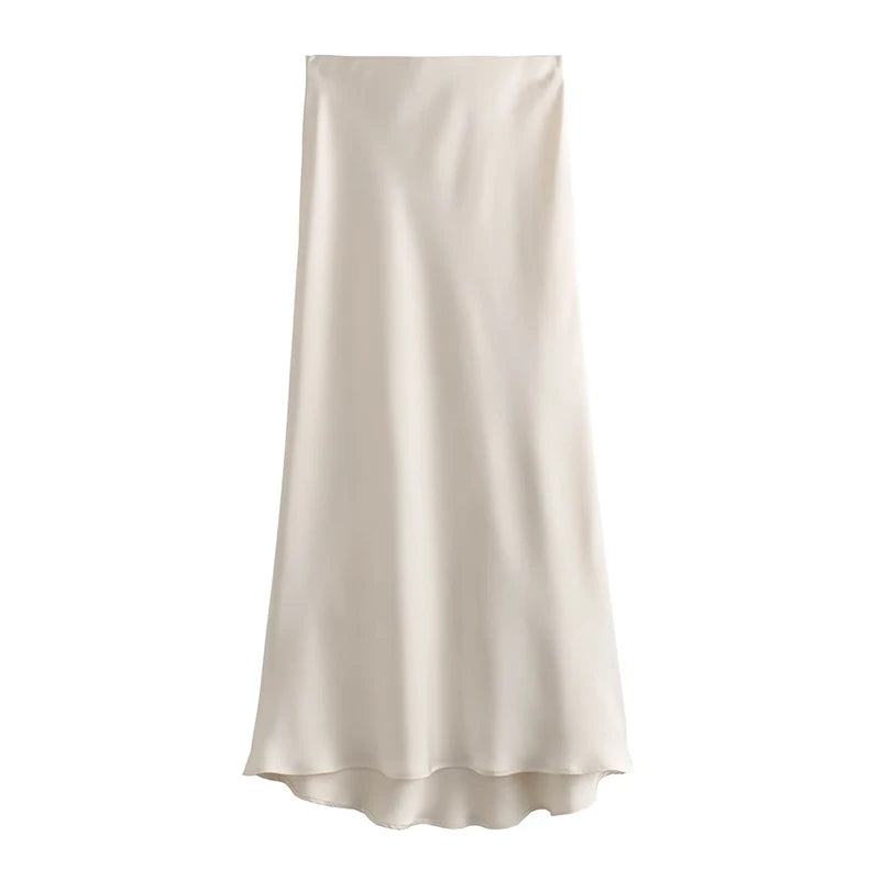 A-Line High Waist Satin Midi Skirt