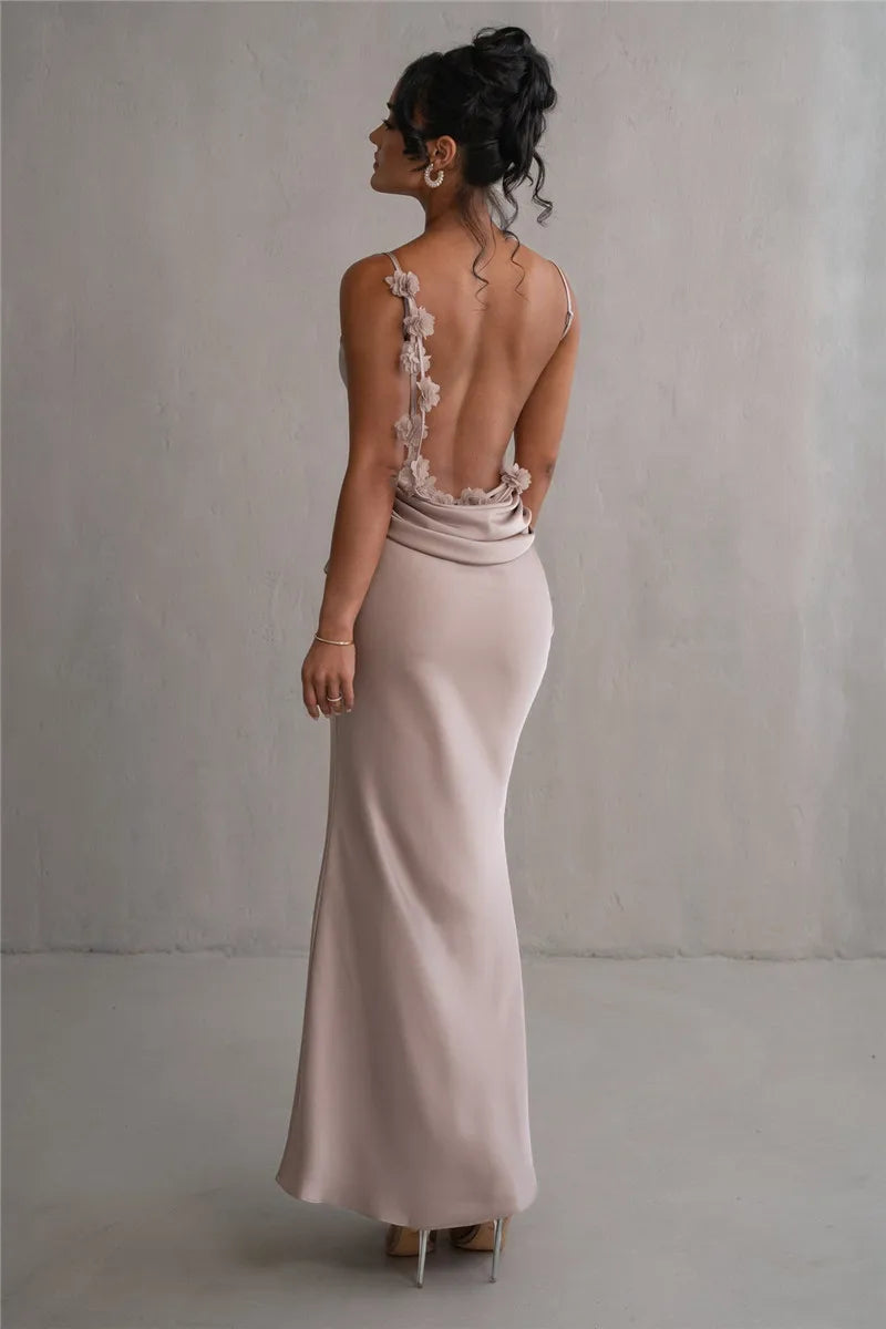 Spaghetti Straps Backless Flowers Back Details Satin Dress - Bridesmaid Dress