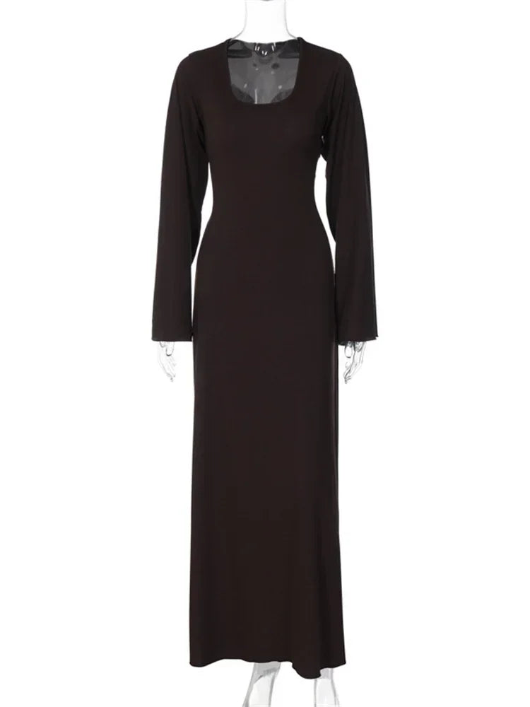 U Neckline Long Sleeve Knitted Maxi Dress