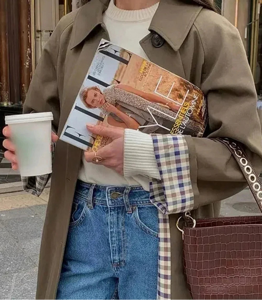 Single-Breasted Plaid Details Trench Coat