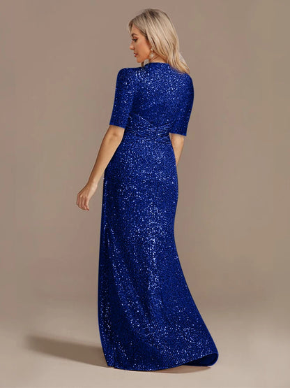 Short Sleeve V-Neckline Floor Length Evening Dress - Sequin Mother of the Bride Dress