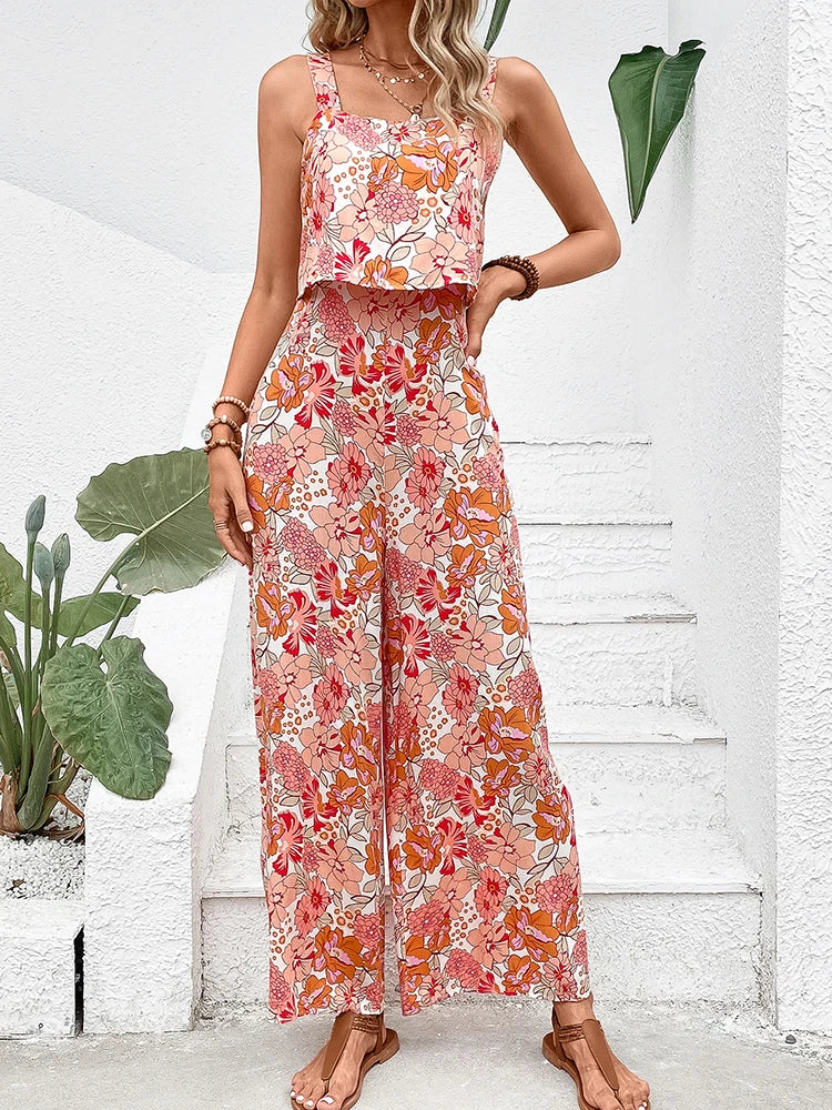 Floral Square Neckline Casual Wide Leg Jumpsuit