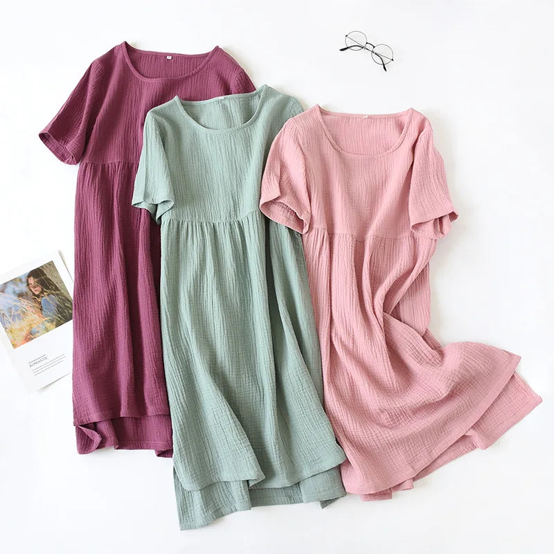 Round Neckline Sleepshirt Short Sleeve Nightgowns Gauze Cotton Nightdress