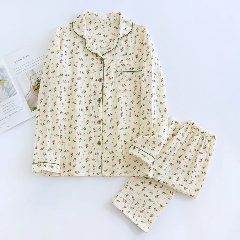 100% Cotton Crepe Pajama Floral Long Sleeve Pyjamas