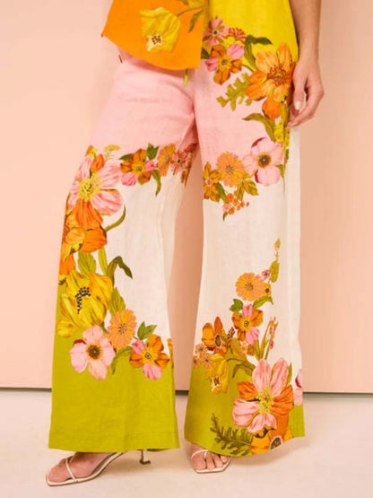 Floral Print 2 Pcs Shirt and High Waist Trousers Set