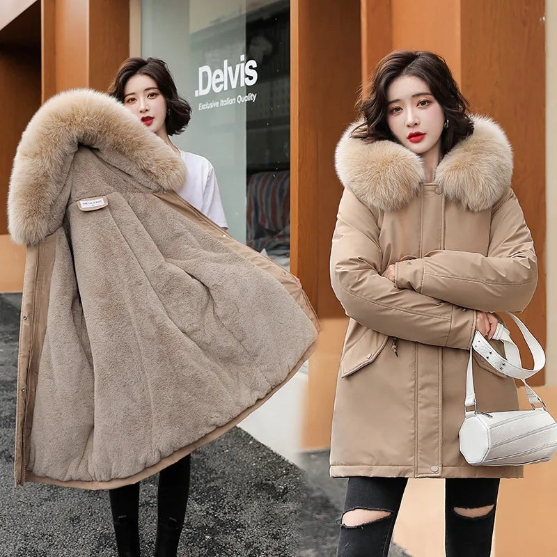 Long Hooded Fur Collar Double Breast Coat