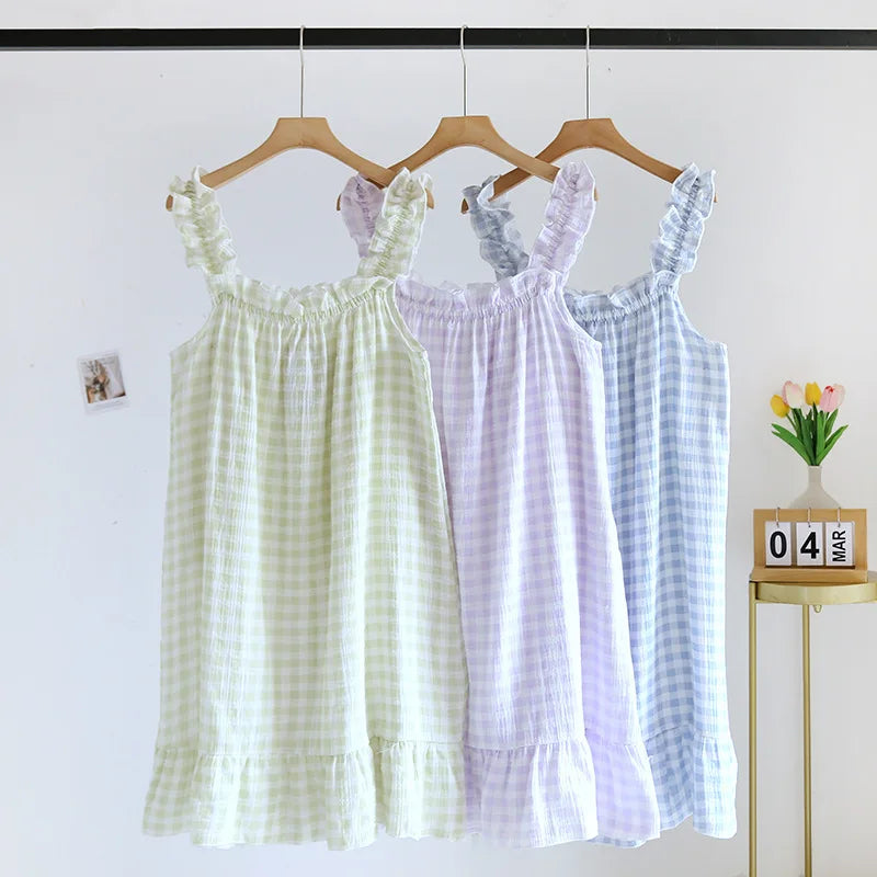 100% Cotton Crepe Home Dress Plaid Sleepwear Dress