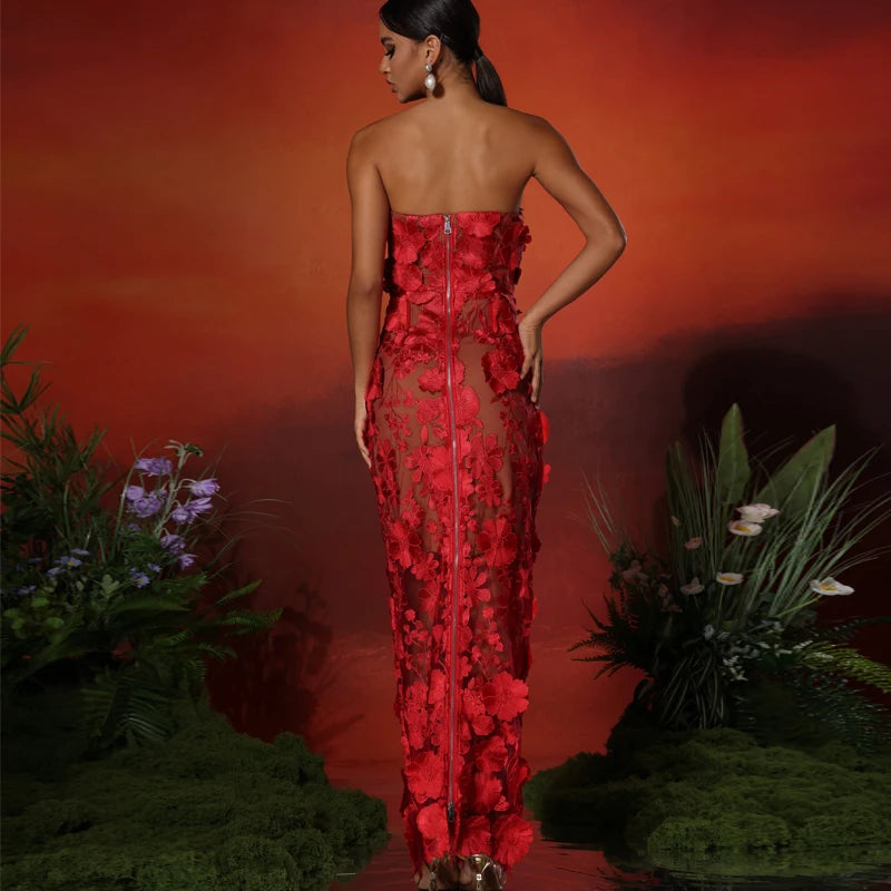 Strapless Embroidered Floral Long Dress