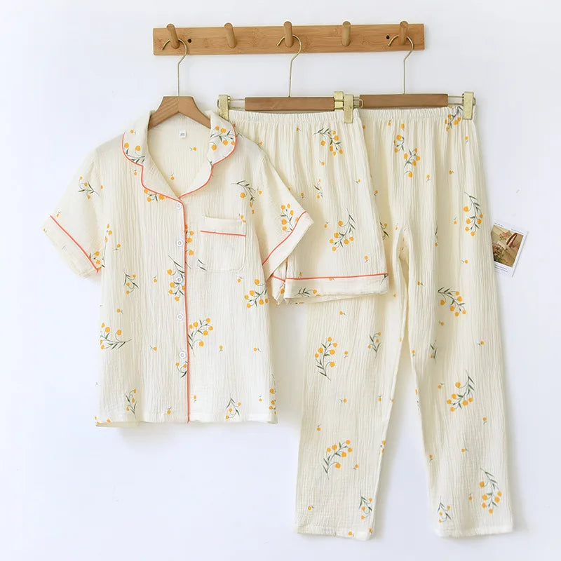 100% Cotton 3Pcs Short, Trousers, and Short Sleeve Set