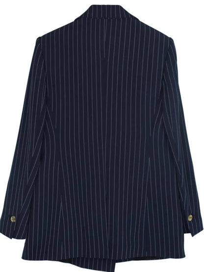 Navy Blue Striped Loose Cut Blazer and Shorts Suit