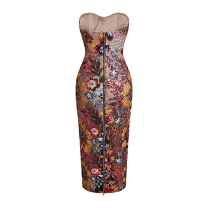 Strapless Sequin Floral Long Dress – Ankle-Length Gown