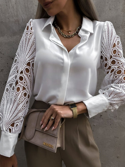 Long Sleeve Hollow Out Women's Button-Up Shirt Blouse