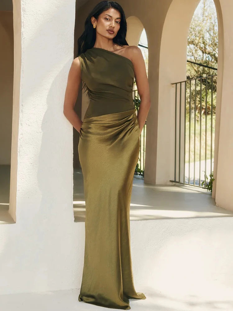 One Shoulder Patchwork Satin Floor Length Dress