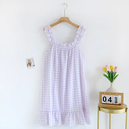 100% Cotton Crepe Home Dress Plaid Sleepwear Dress