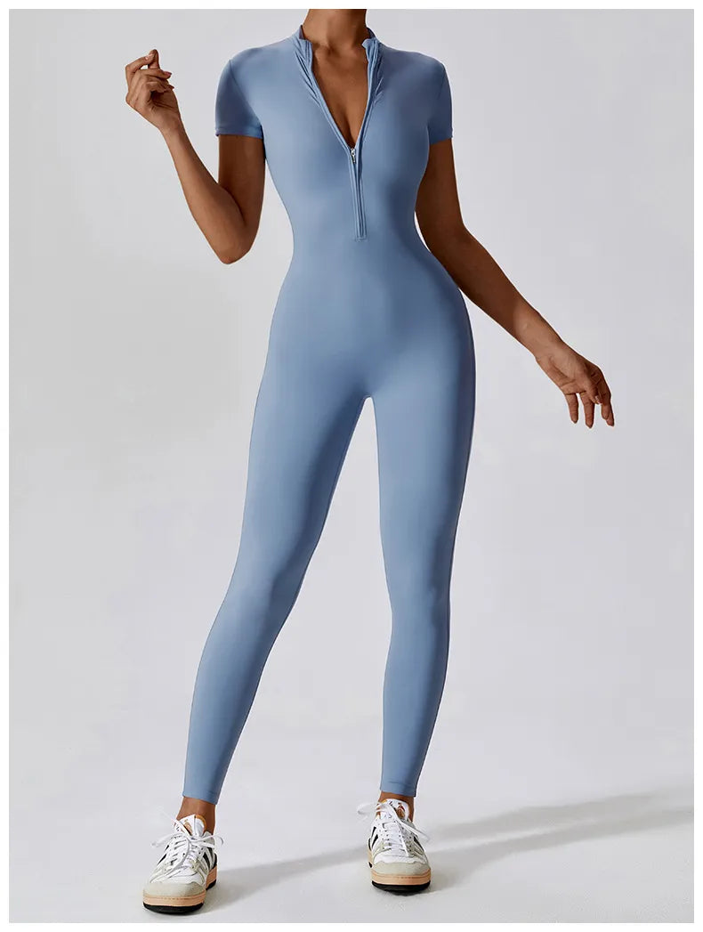 Seamless Short-Sleeve Front Zipper Yoga Jumpsuit