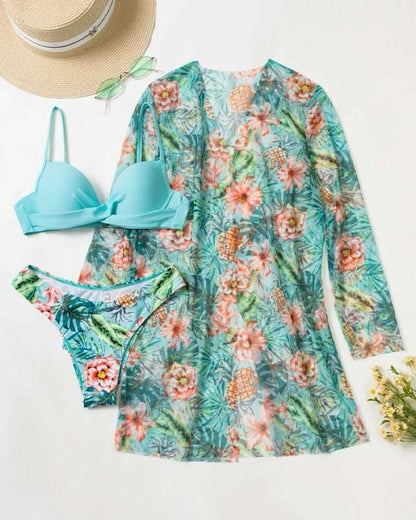 Floral 3 Pieces Low Waist Bikini Set with a Matching Cover-up Kimono