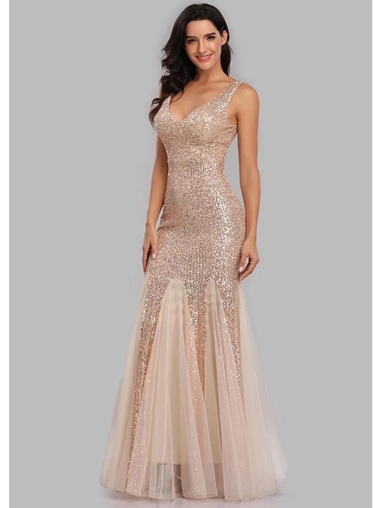 Sleeveless V Neckline Sequin Evening Dress