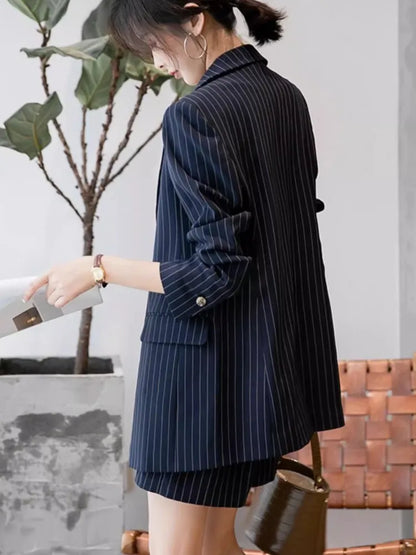 Navy Blue Striped Loose Cut Blazer and Shorts Suit