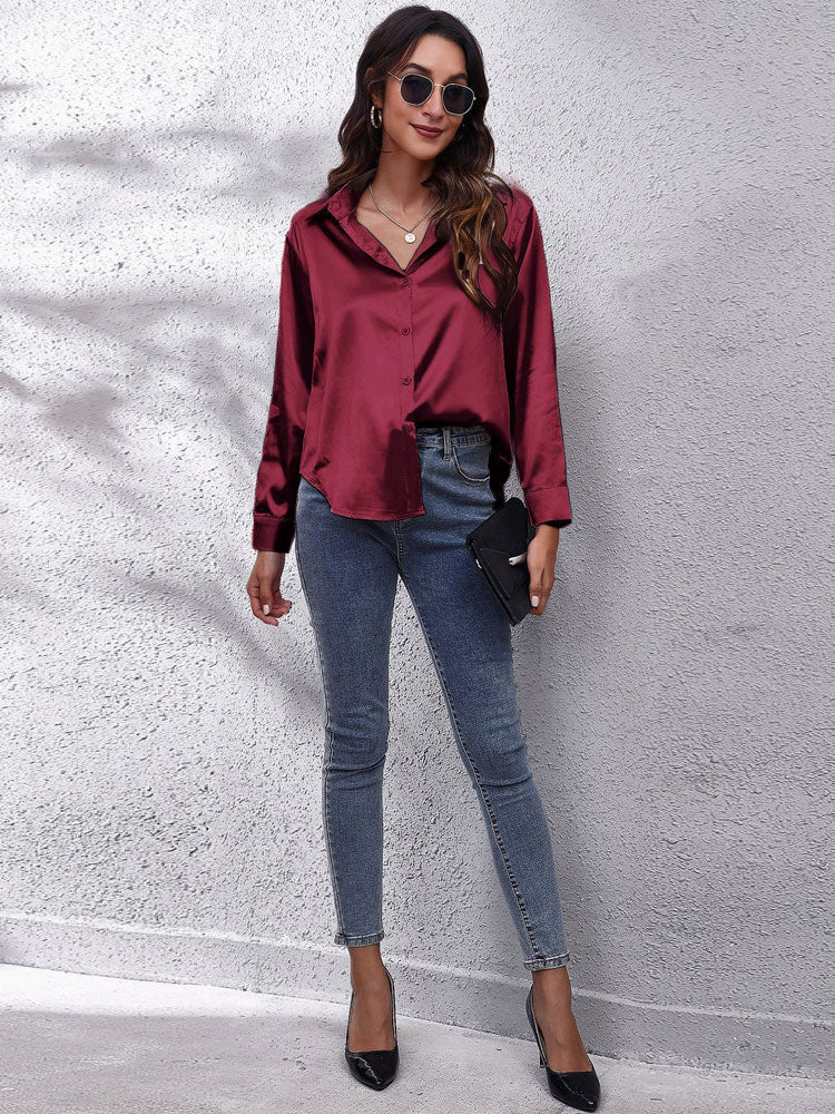 Loose Fit Satin Long Sleeve Button Up Blouse Shirt