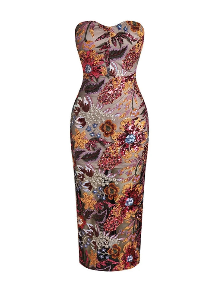 Strapless Sequin Floral Long Dress – Ankle-Length Gown