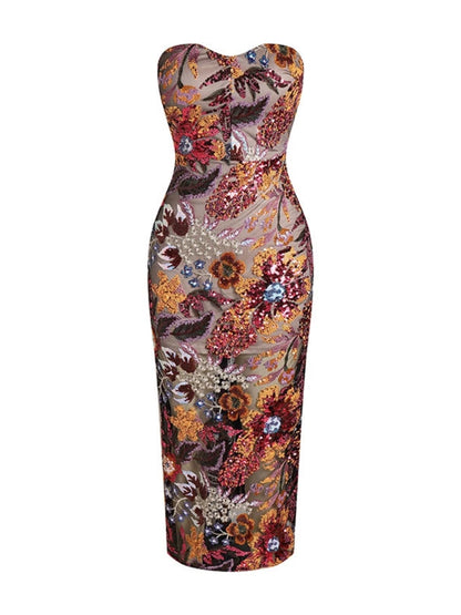 Strapless Sequin Floral Long Dress – Ankle-Length Gown