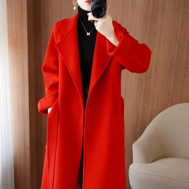 100% Cashmere-Wool Blend Belted Long Overcoat