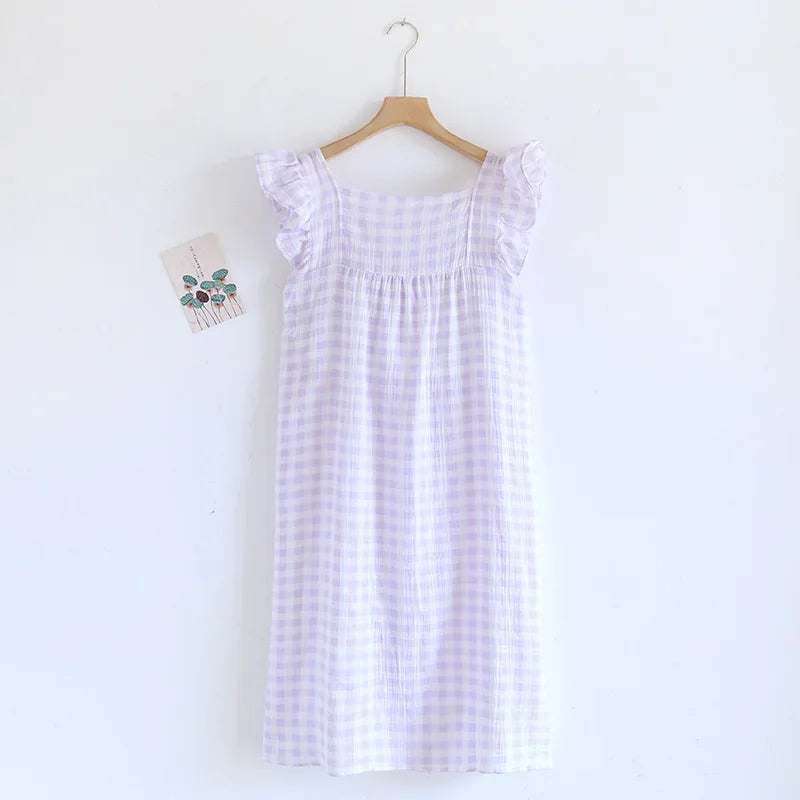 100% Pure Cotton Home Dress Plaid Nightgown with Built-in Bra