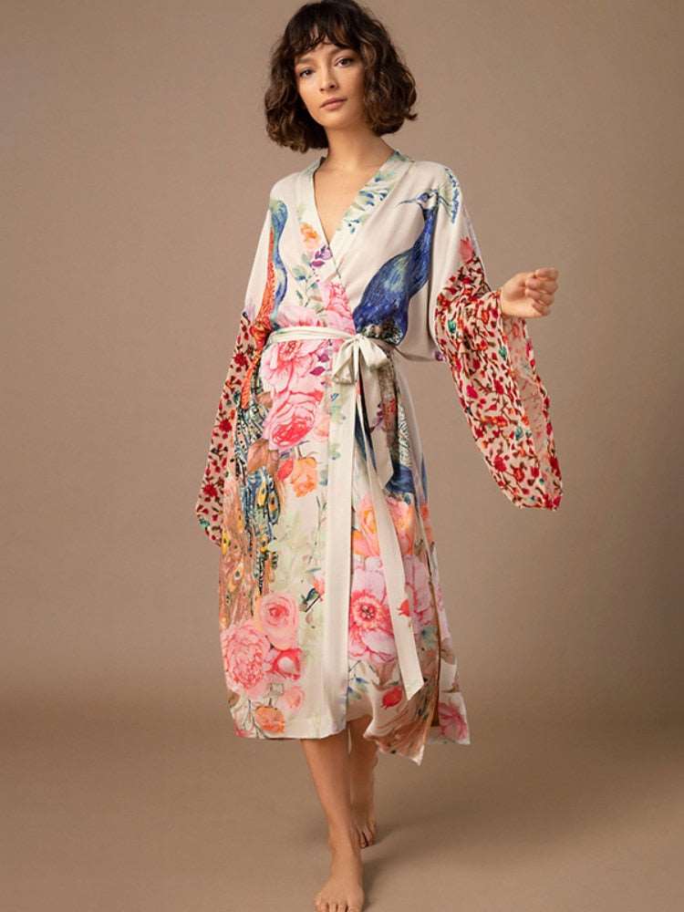 Beach Kimono Peacock Printed Swimsuit Cover Up