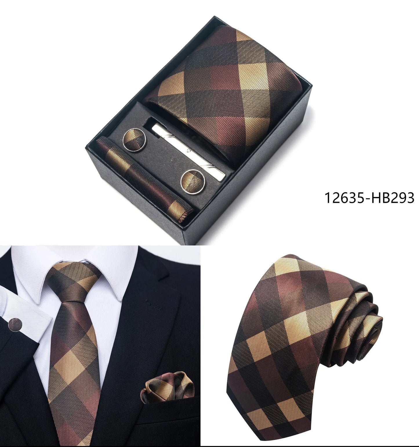 Solid Color 5 Pcs Tie Set Handkerchief, Cufflinks, Tie and Clip