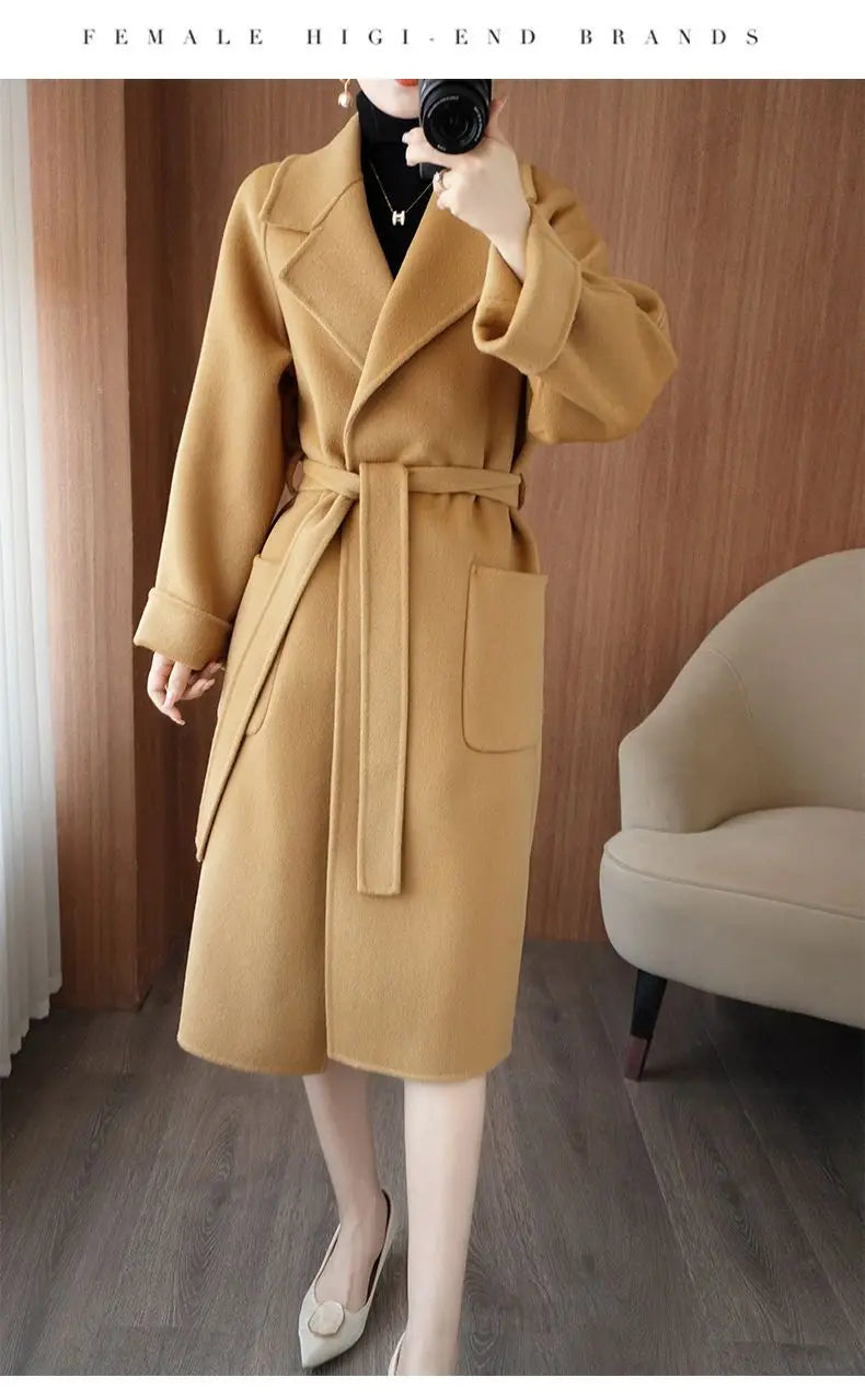 100% Cashmere-Wool Blend Belted Long Overcoat