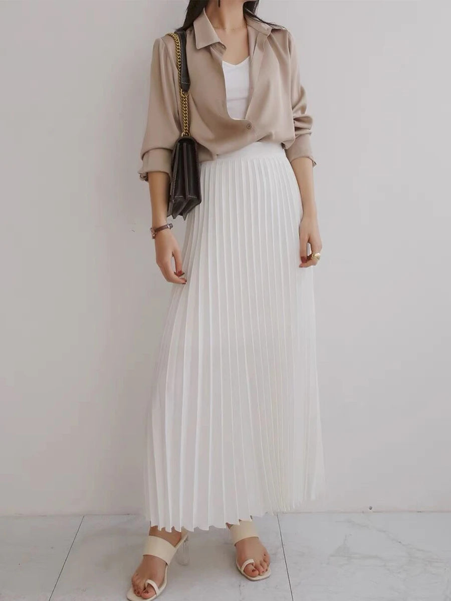 Solid Color Pleated Satin High Waist Long Skirt