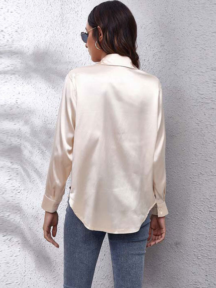 Loose Fit Satin Long Sleeve Button Up Blouse Shirt