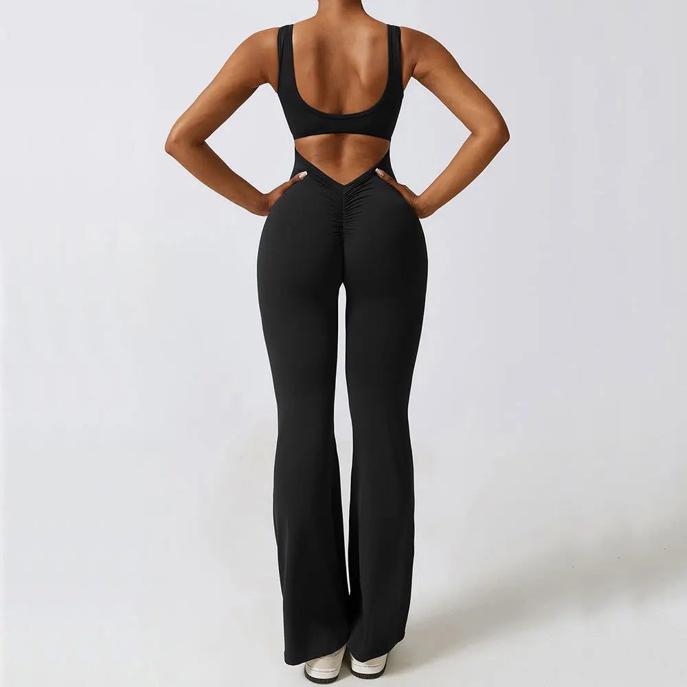 Yoga Wide Neckline Wide Leg Back Cut-Out Jumpsuit Workout Bodysuit