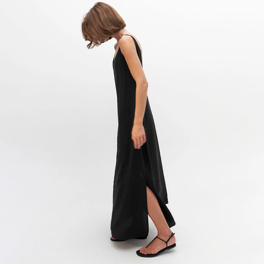 Lined Casual Long Back Deep V Dress