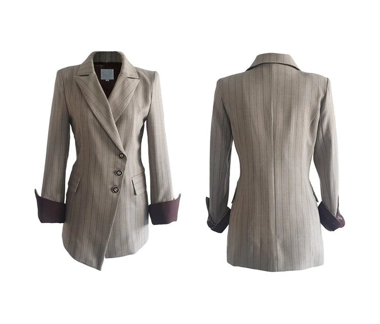 Women’s Khaki Striped Slim-Fit Suit – Tailored Blazer with Foldable Cuffs