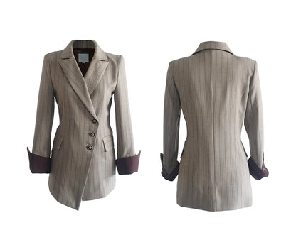 Women’s Khaki Striped Slim-Fit Suit – Tailored Blazer with Foldable Cuffs