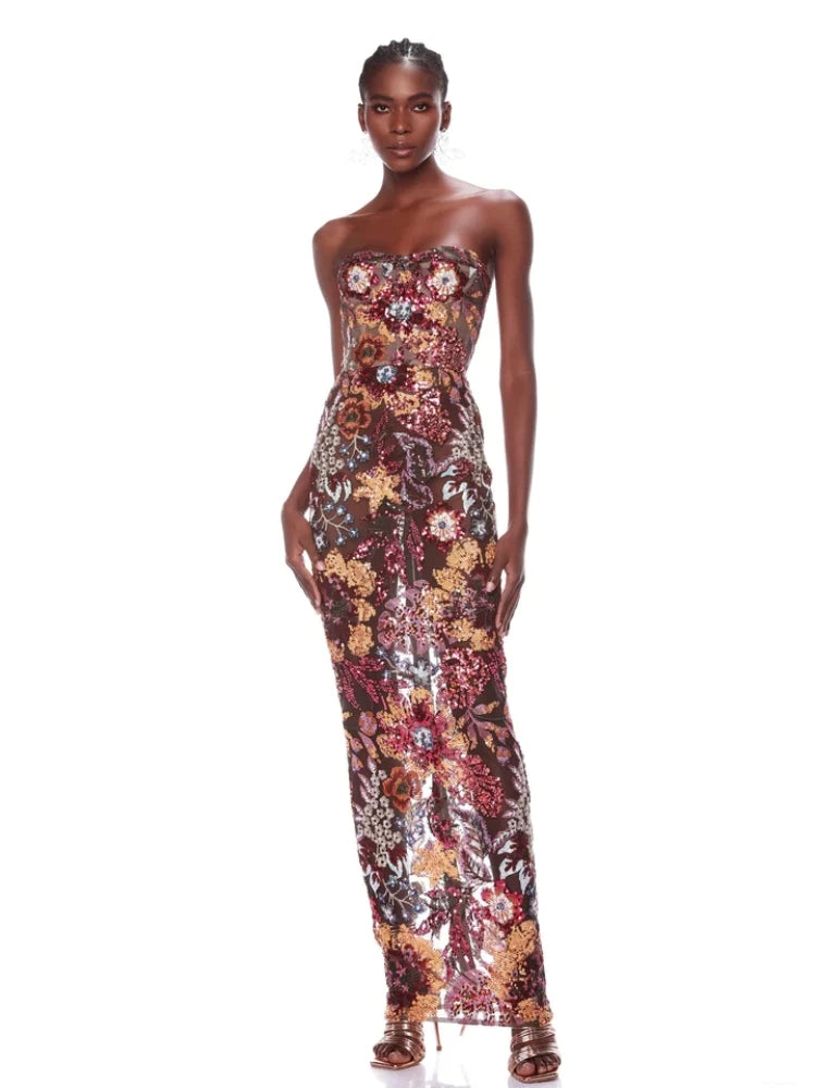 Strapless Sequin Floral Long Dress – Ankle-Length Gown