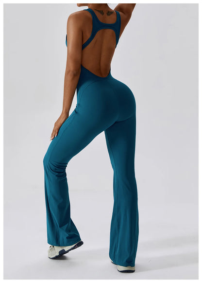 V Neckline Back Cut Out Flare Workout Jumpsuit